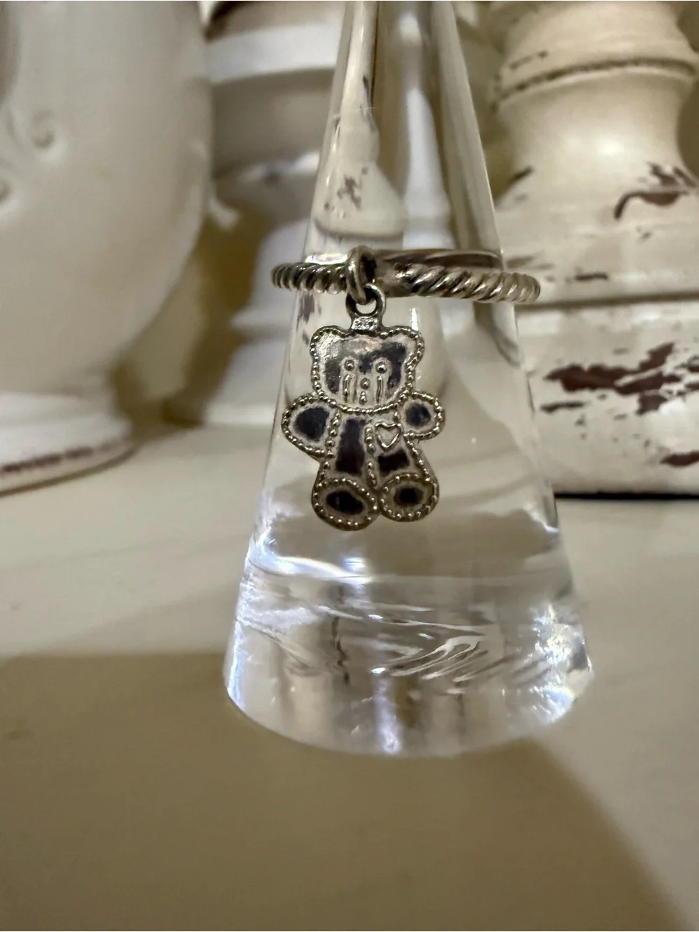 Vintage Sterling Silver Teddy Bear Charm Ring on Rope Band